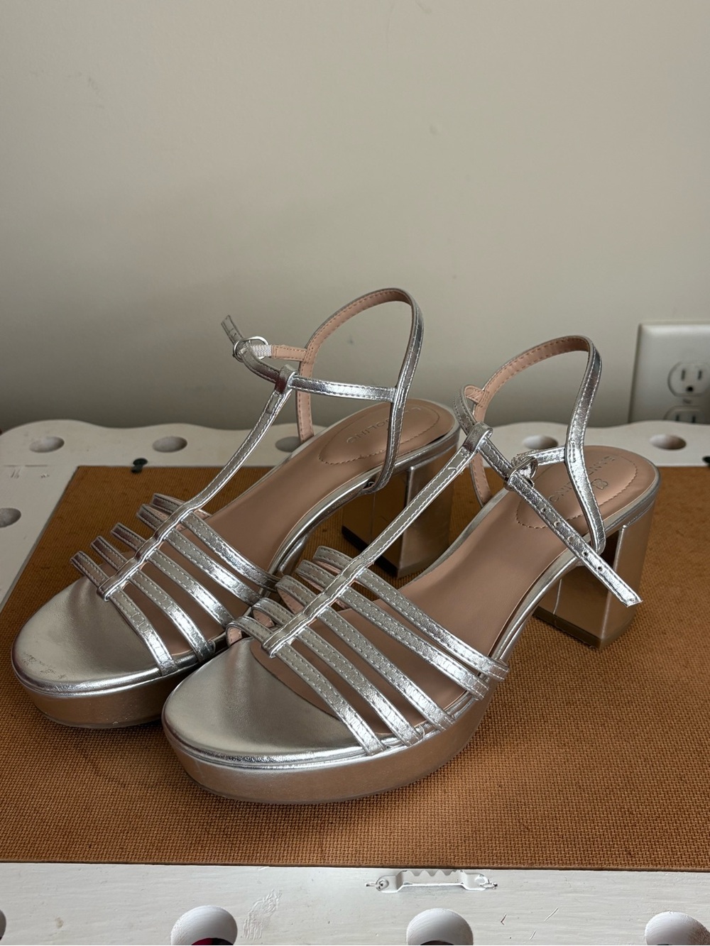 Bandolino Metallic Silver T-Strap Block Heel Sandals